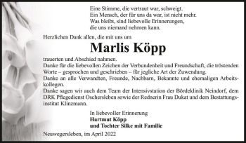 Traueranzeige von Marlis Köpp  von Magdeburger Volksstimme