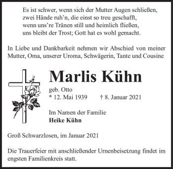 Traueranzeige von Marlis Kühn (geb. Otto)  von Magdeburger Volksstimme