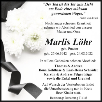 Traueranzeige von Marlis Löhr (geb. Praetor)  von Magdeburger Volksstimme