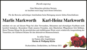 Traueranzeige von Marlis Markworth und Karl-Heinz Markworth  von Magdeburger Volksstimme