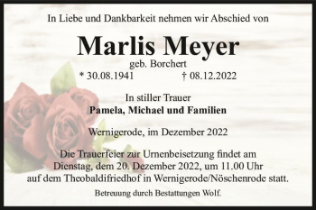 Traueranzeige von Marlis Meyer (geb. Borchert)  von Magdeburger Volksstimme