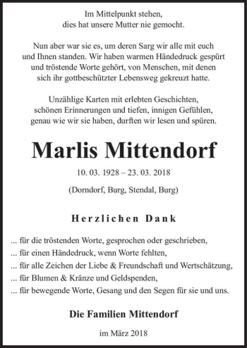 Traueranzeige von Marlis Mittendorf  von Magdeburger Volksstimme