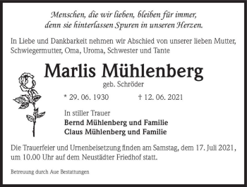 Traueranzeige von Marlis Mühlenberg (geb. Schröder)  von Magdeburger Volksstimme