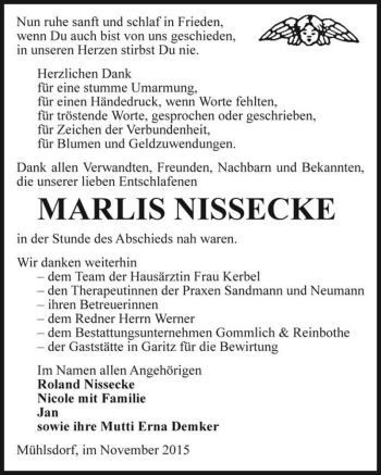 Traueranzeige von Marlis Nissecke  von Magdeburger Volksstimme