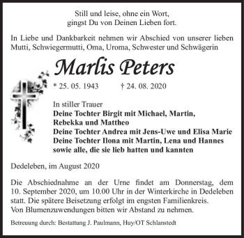 Traueranzeige von Marlis Peters  von Magdeburger Volksstimme