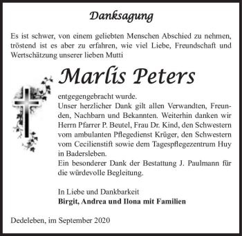 Traueranzeige von Marlis Peters  von Magdeburger Volksstimme