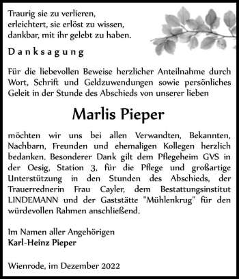 Traueranzeige von Marlis Pieper  von Magdeburger Volksstimme