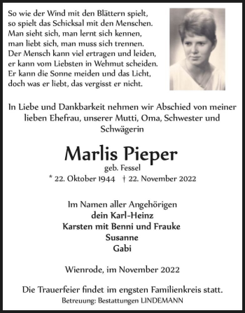 Traueranzeige von Marlis Pieper (geb. Fessel)  von Magdeburger Volksstimme
