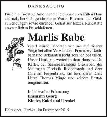 Traueranzeige von Marlis Rabe  von Magdeburger Volksstimme