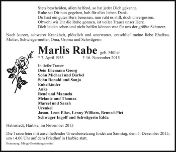 Traueranzeige von Marlis Rabe (geb. Müller)  von Magdeburger Volksstimme