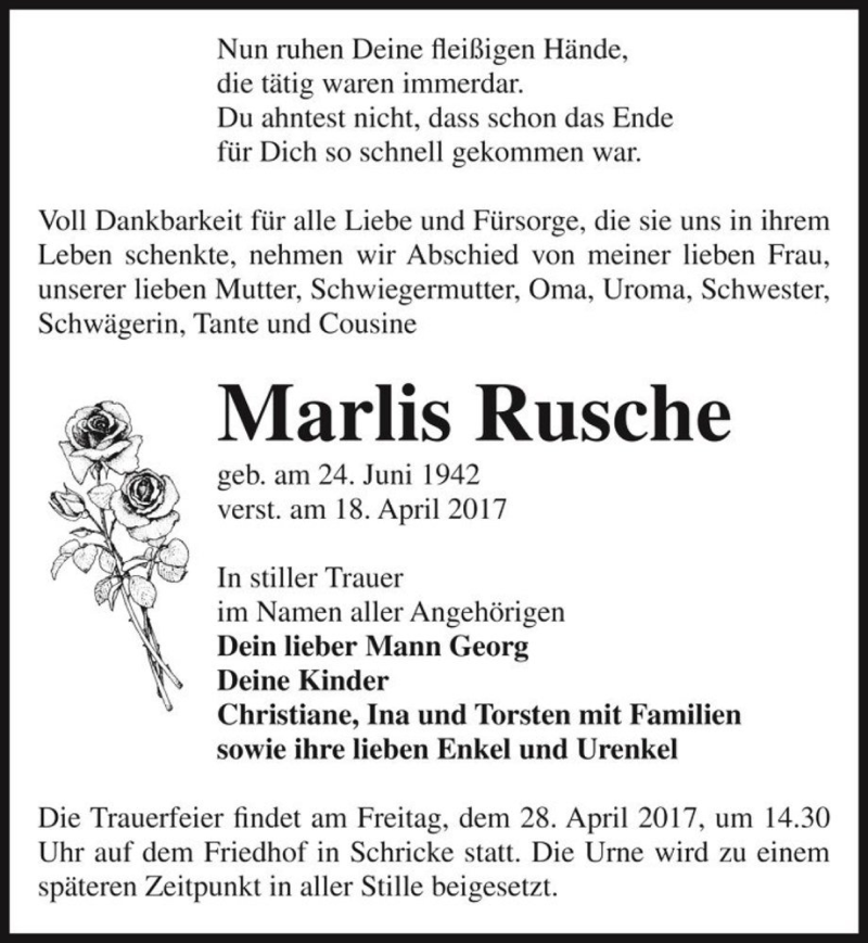  Traueranzeige für Marlis Rusche  vom 22.04.2017 aus Magdeburger Volksstimme