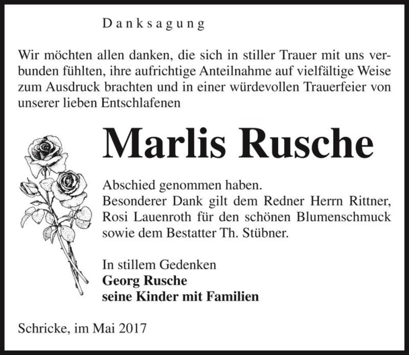  Traueranzeige für Marlis Rusche  vom 06.05.2017 aus Magdeburger Volksstimme