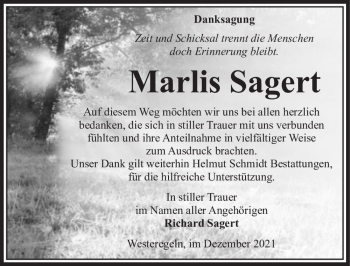 Traueranzeige von Marlis Sagert  von Magdeburger Volksstimme