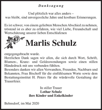 Traueranzeige von Marlis Schulz  von Magdeburger Volksstimme