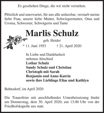 Traueranzeige von Marlis Schulz (geb. Heider)  von Magdeburger Volksstimme