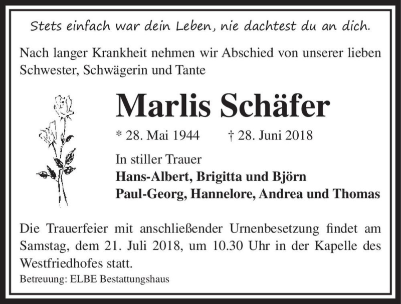  Traueranzeige für Marlis Schäfer  vom 07.07.2018 aus Magdeburger Volksstimme