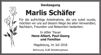 Traueranzeige von Marlis Schäfer  von Magdeburger Volksstimme