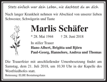 Traueranzeige von Marlis Schäfer  von Magdeburger Volksstimme