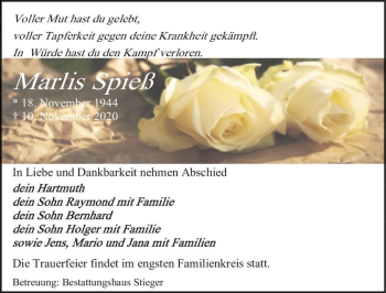 Traueranzeige von Marlis Spieß  von Magdeburger Volksstimme