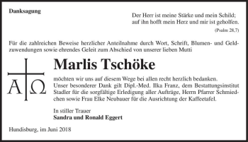 Traueranzeige von Marlis Tschöke  von Magdeburger Volksstimme