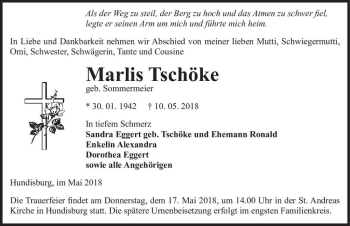Traueranzeige von Marlis Tschöke (geb. Sommermeier)  von Magdeburger Volksstimme
