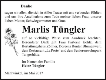 Traueranzeige von Marlis Tüngler  von Magdeburger Volksstimme