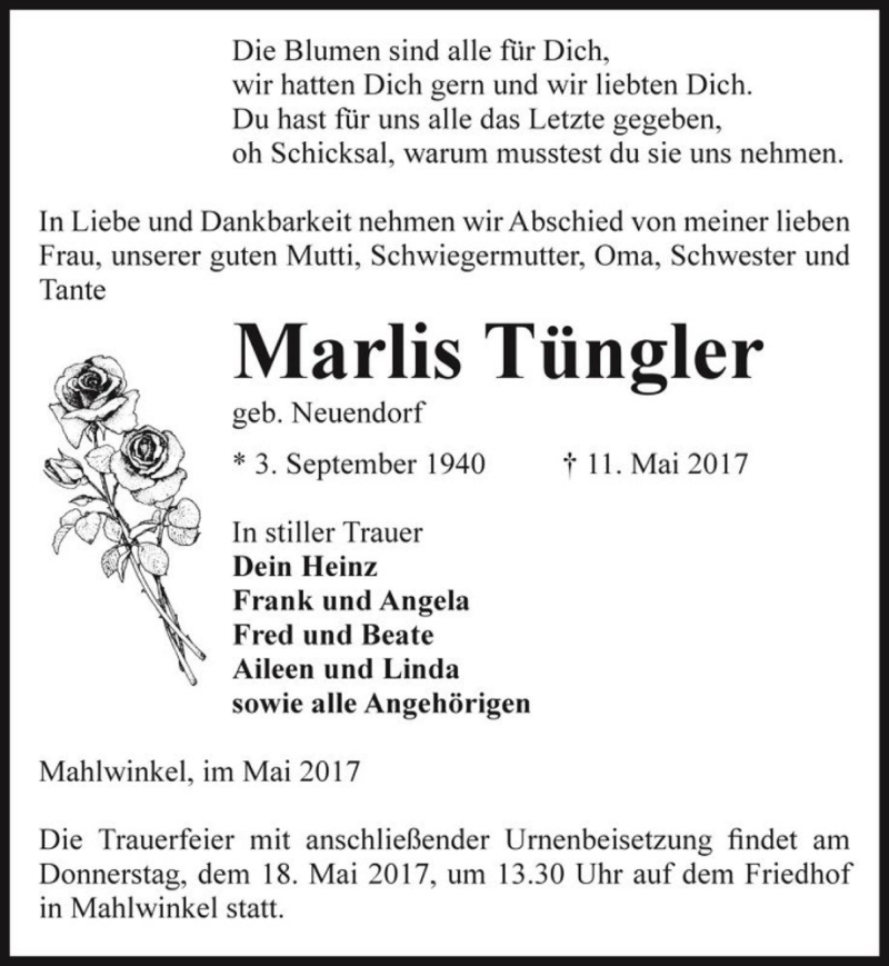  Traueranzeige für Marlis Tüngler (geb. Neuendorf)  vom 13.05.2017 aus Magdeburger Volksstimme