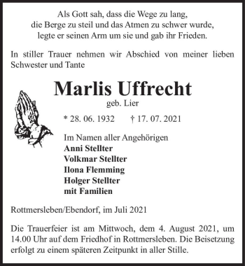 Traueranzeige von Marlis Uffrecht (geb. Lier)  von Magdeburger Volksstimme