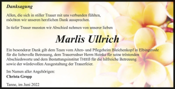Traueranzeige von Marlis Ullrich  von Magdeburger Volksstimme