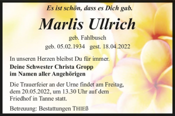 Traueranzeige von Marlis Ullrich (geb. Fahlbusch)  von Magdeburger Volksstimme