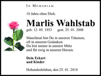 Traueranzeige von Marlis Wahlstab  von Magdeburger Volksstimme
