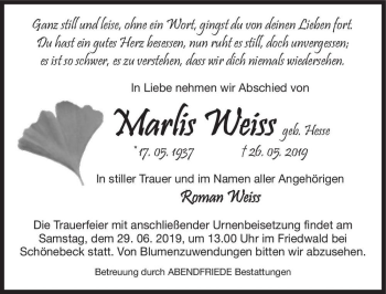 Traueranzeige von Marlis Weiss (geb. Hesse)  von Magdeburger Volksstimme