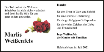 Traueranzeige von Marlis Weißenfels  von Magdeburger Volksstimme