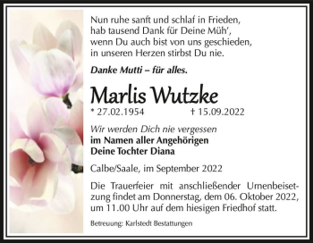 Traueranzeige von Marlis Wutzke  von Magdeburger Volksstimme