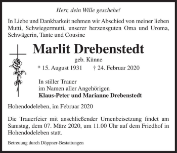 Traueranzeige von Marlit Drebenstedt (geb. Künne)  von Magdeburger Volksstimme