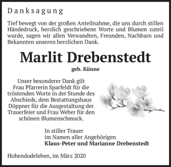 Traueranzeige von Marlit Drebenstedt (geb. Künne)  von Magdeburger Volksstimme