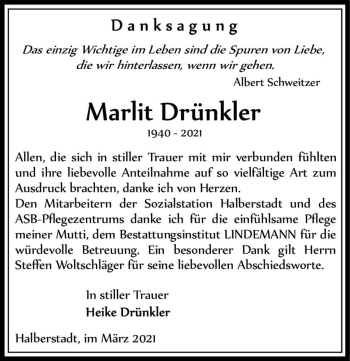 Traueranzeige von Marlit Drünkler  von Magdeburger Volksstimme