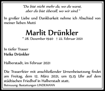 Traueranzeige von Marlit Drünkler  von Magdeburger Volksstimme
