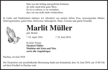 Traueranzeige von Marlit Müller (geb. Bonitz)  von Magdeburger Volksstimme