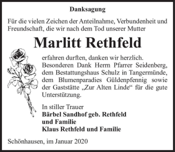 Traueranzeige von Marlitt Rethfeld  von Magdeburger Volksstimme