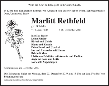 Traueranzeige von Marlitt Rethfeld (geb. Schröder)  von Magdeburger Volksstimme