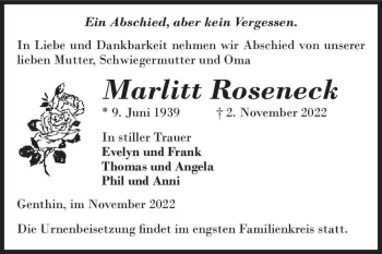 Traueranzeige von Marlitt Roseneck  von Magdeburger Volksstimme