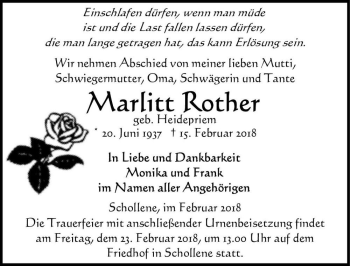 Traueranzeige von Marlitt Rother (geb. Heidepriem)  von Magdeburger Volksstimme