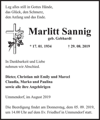 Traueranzeige von Marlitt Sannig (geb. Gebhardt)  von Magdeburger Volksstimme