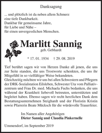 Traueranzeige von Marlitt Sannig (geb. Gebhardt)  von Magdeburger Volksstimme