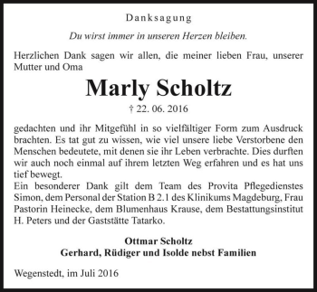 Traueranzeige von Marly Scholtz  von Magdeburger Volksstimme