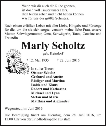 Traueranzeige von Marly Scholtz (geb. Keindorf)  von Magdeburger Volksstimme