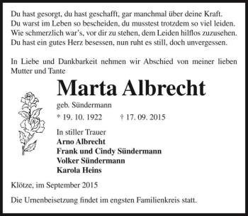 Traueranzeige von Marta Albrecht (geb. Sündermann)  von Magdeburger Volksstimme