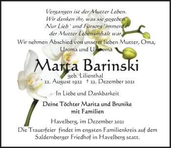 Traueranzeige von Marta Barinski (geb. Lilienthal)  von Magdeburger Volksstimme