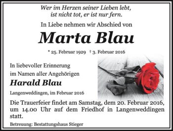 Traueranzeige von Marta Blau  von Magdeburger Volksstimme